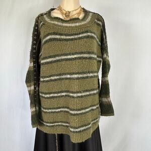 Free People Striped Fuzzy Sweater Green Alpaca Blend Stud Shoulder XS Boho